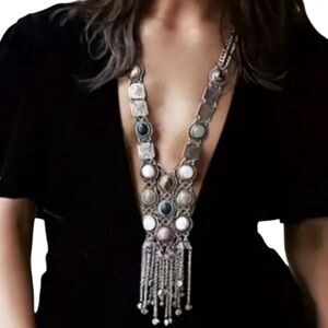 Bohemian Silvertone Long Stone Necklace NWOT